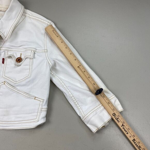 Vtg Levi’s Cropped Jean Jacket Womens Medium Beige Stretch Denim Trucker Y2K - Picture 13 of 16